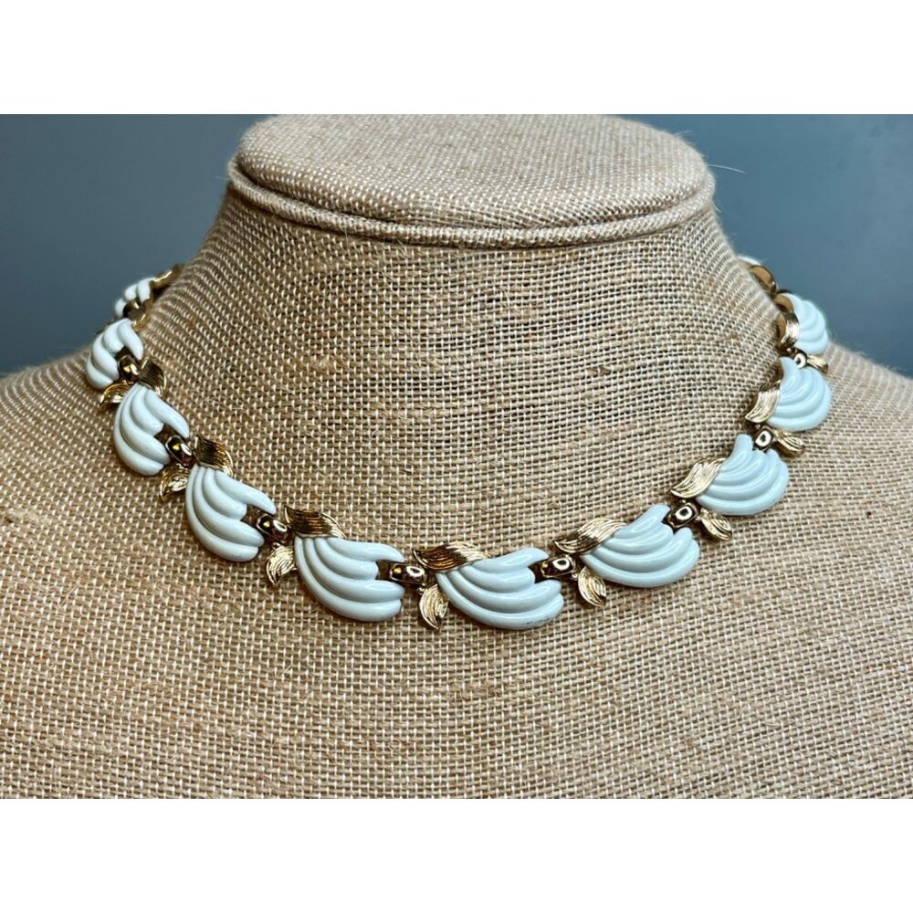 Vintage Trifari White & Gold Tone Banana Leaf Necklace